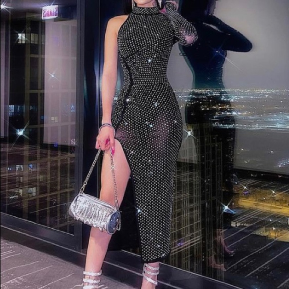 Long side slit rhinestone dress